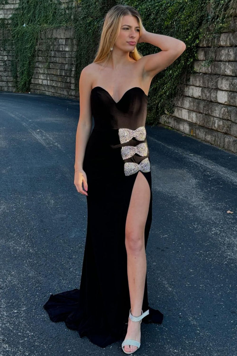 Trendy Mermaid Sweetheart Black Long Prom Dress with Bowknot Split Front