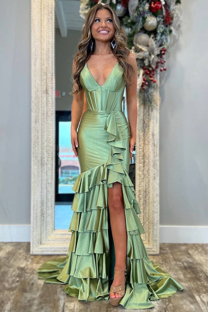 Trendy Mermaid V-Neck Sage Green Long Prom Dress with Ruffles