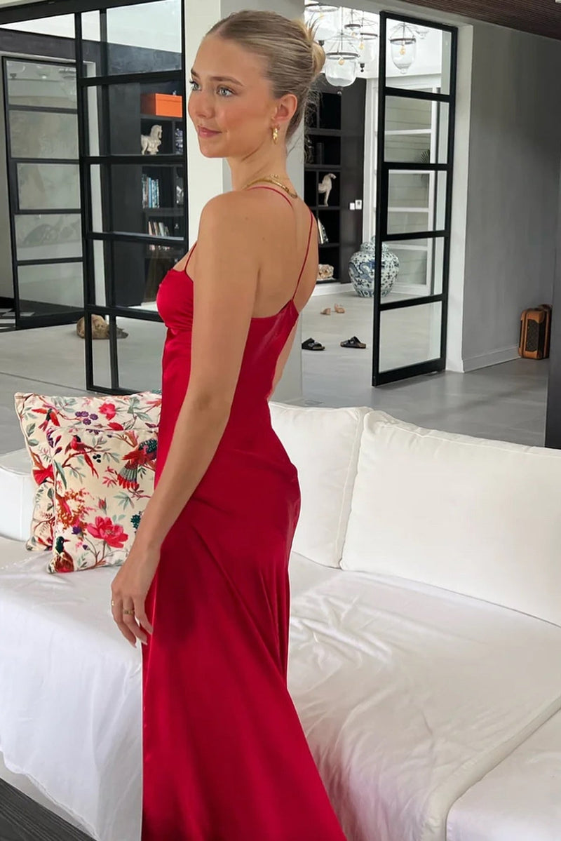 Trendy Sheath Spaghetti Straps Red Long Party Dress with Split Front