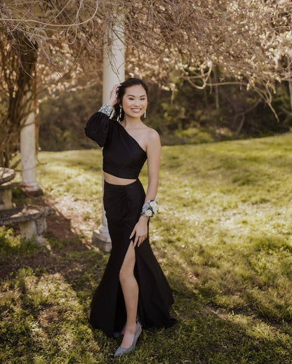 Two Piece Neon Pink One Sleeve Party Dress