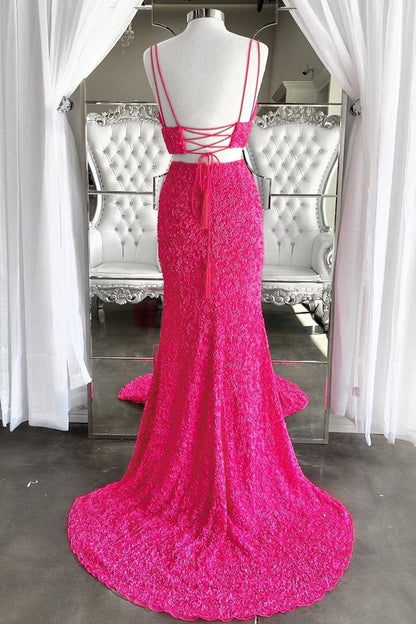 Two Piece Neon Pink Sequin Mermaid Prom Dress