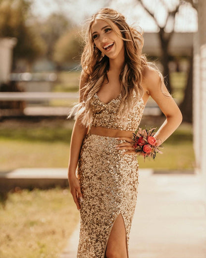 Two Piece Neon Pink Sequin Mermaid Prom Dress