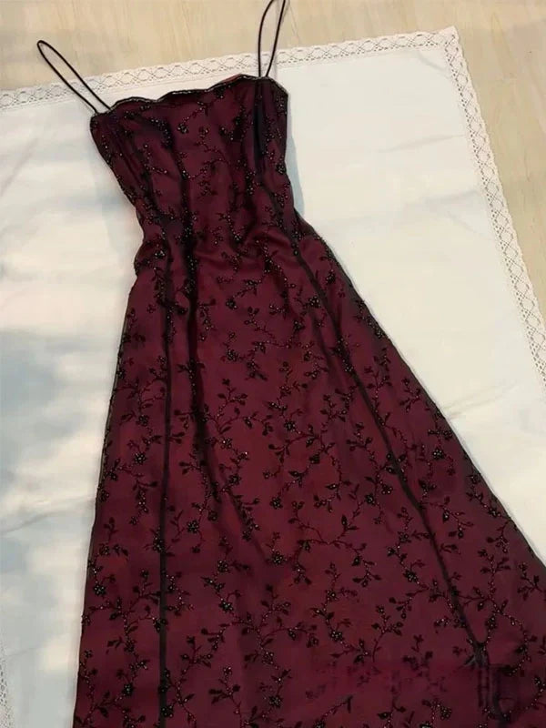 Unique Burgundy Floral Lace A-line Prom Dress, Evening Dress
