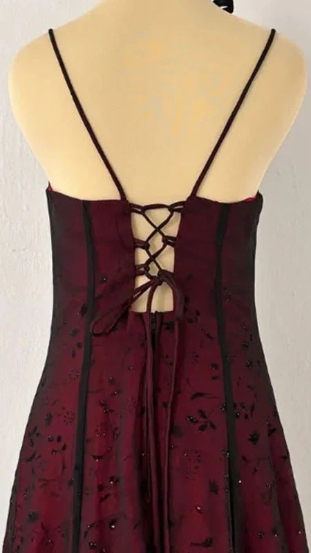 Unique Burgundy Floral Lace A-line Prom Dress, Evening Dress