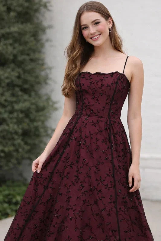 Unique Burgundy Floral Lace A-line Prom Dress, Evening Dress