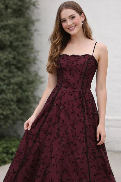 Unique Burgundy Floral Lace A-line Prom Dress, Evening Dress