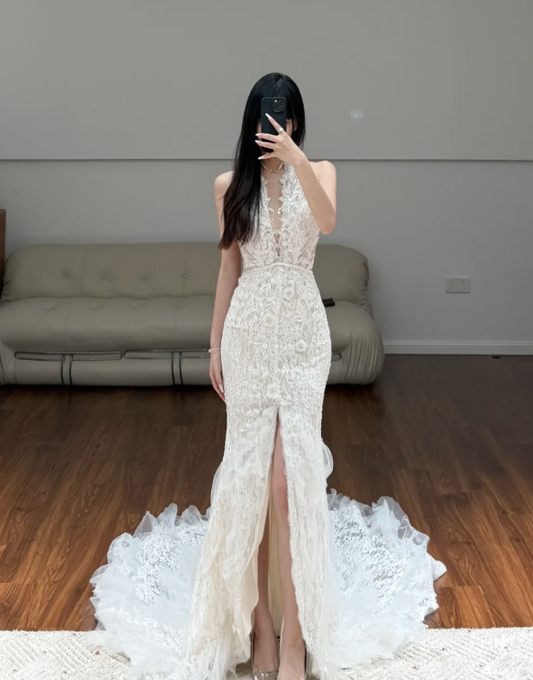 V Neck White Lace Mermaid Wedding Dress Sexy Wedding Gowns