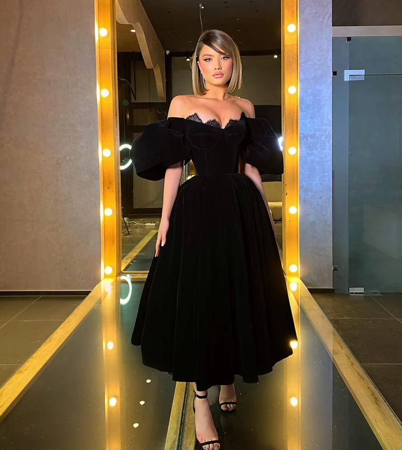 Velvet A-Line Black Homecoming Dresses, Off The Shoulder Graduation Dresses With Bubble Sleeves