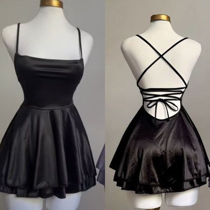 Vintage A line Black Birthday Outfits Satin Homecoming Dress