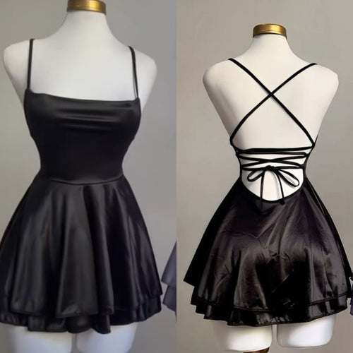 Vintage A line Black Birthday Outfits Satin Homecoming Dress