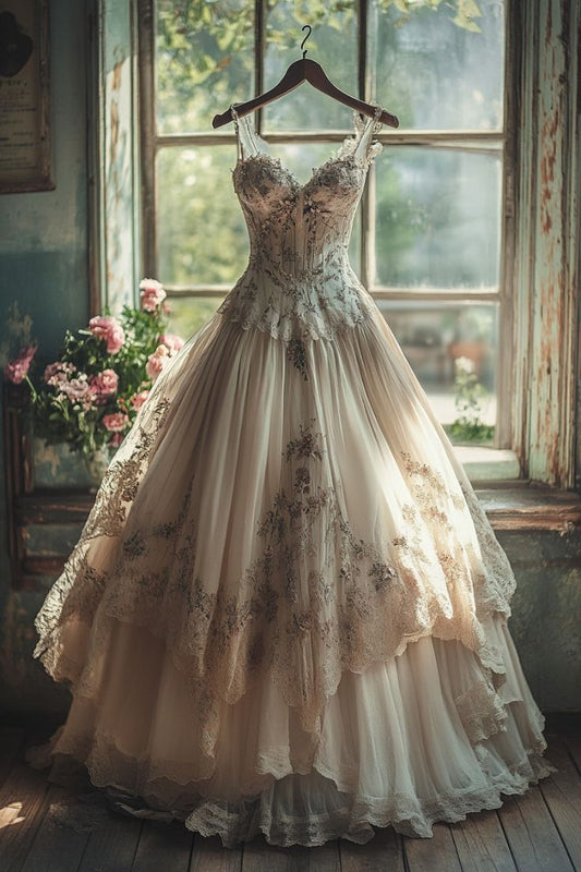 Vintage A-line Sweetheart Neck Tulle Lace Long Prom Dress Applique Sweet Flower Wedding Dress