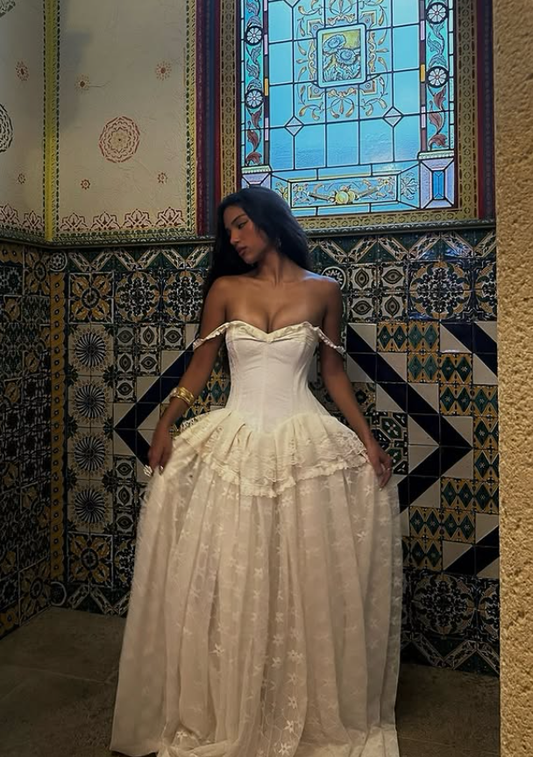 Vintage Ball Gown Off The Shoulder Satin Lace Prom Dress Wedding Dress