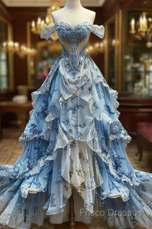 Vintage Ball Gown Strapless Off The Shoulder Blue Lace Formal Prom Dress Party Dress