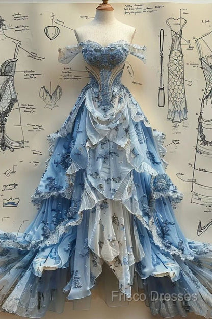 Vintage Ball Gown Strapless Off The Shoulder Blue Lace Formal Prom Dress Party Dress