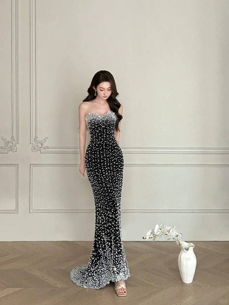 Vintage Black Mermaid Strapless Pearl Velvet Long Prom Dress Evening Dress