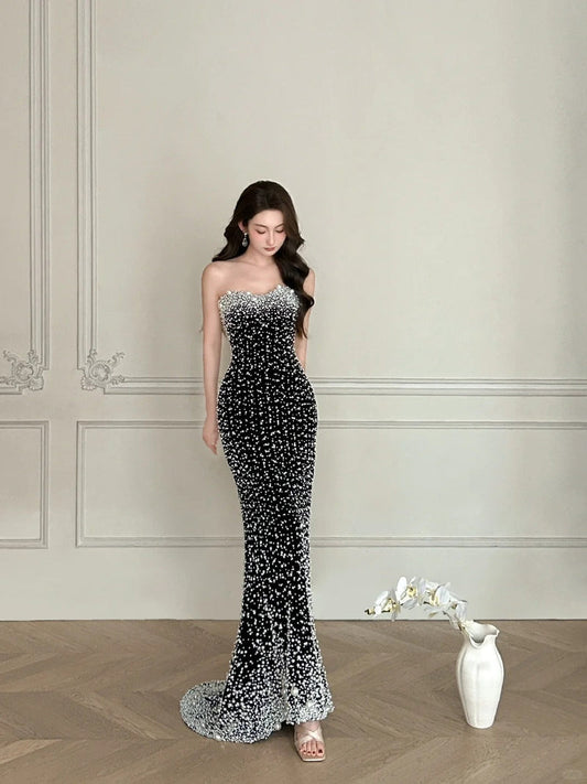Vintage Black Mermaid Strapless Pearl Velvet Long Prom Dress Evening Dress