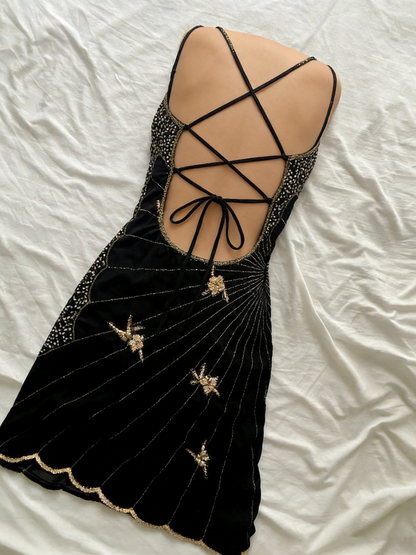 Vintage Black Strapless Butterfly Sequin Birthday Short Skirt Homecoming Dress