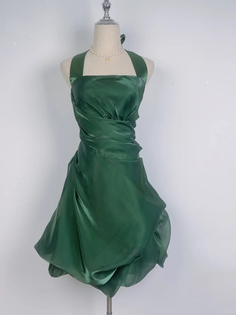 Vintage Dark Green Halter Neck Floral Mini Homecoming Dress