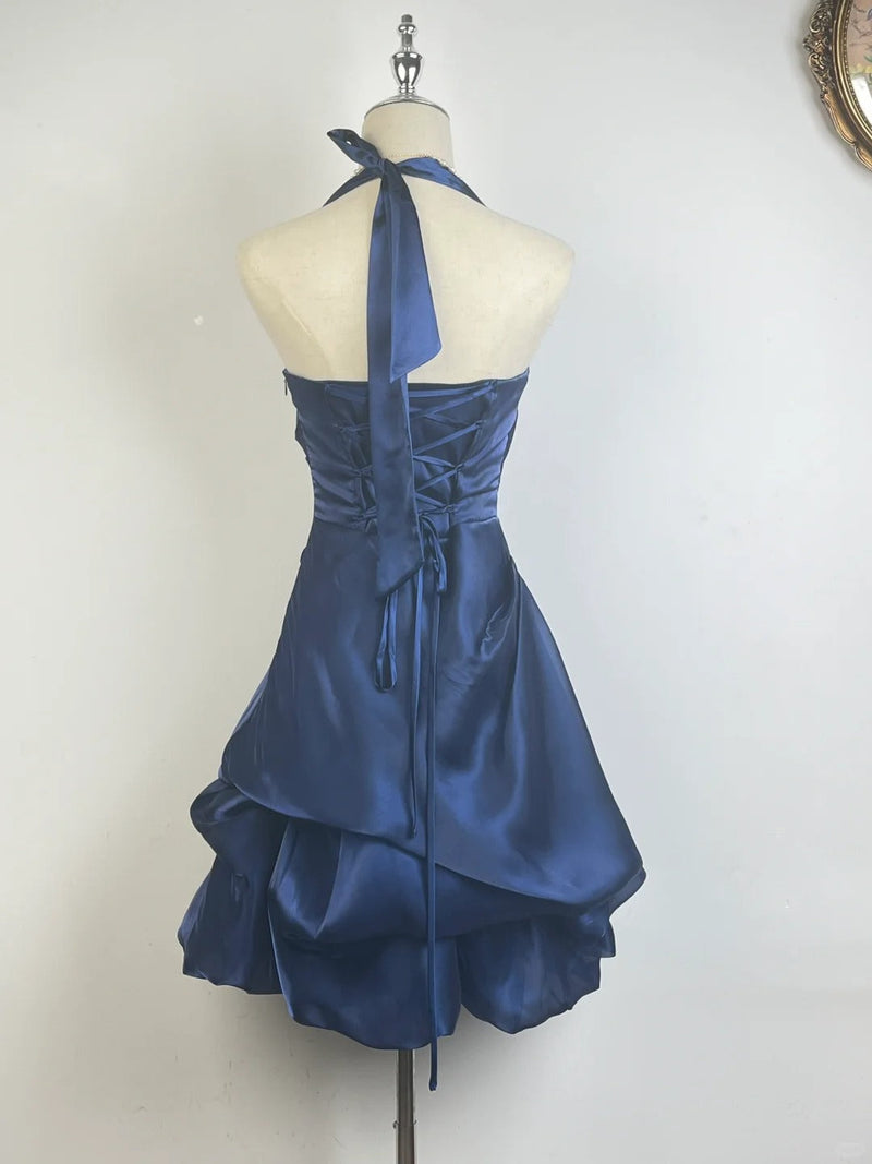 Vintage Dark Green Halter Neck Floral Mini Homecoming Dress