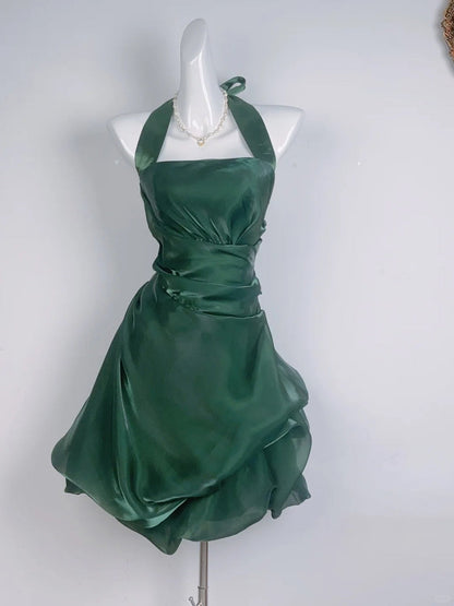 Vintage Dark Green Halter Neck Floral Mini Homecoming Dress