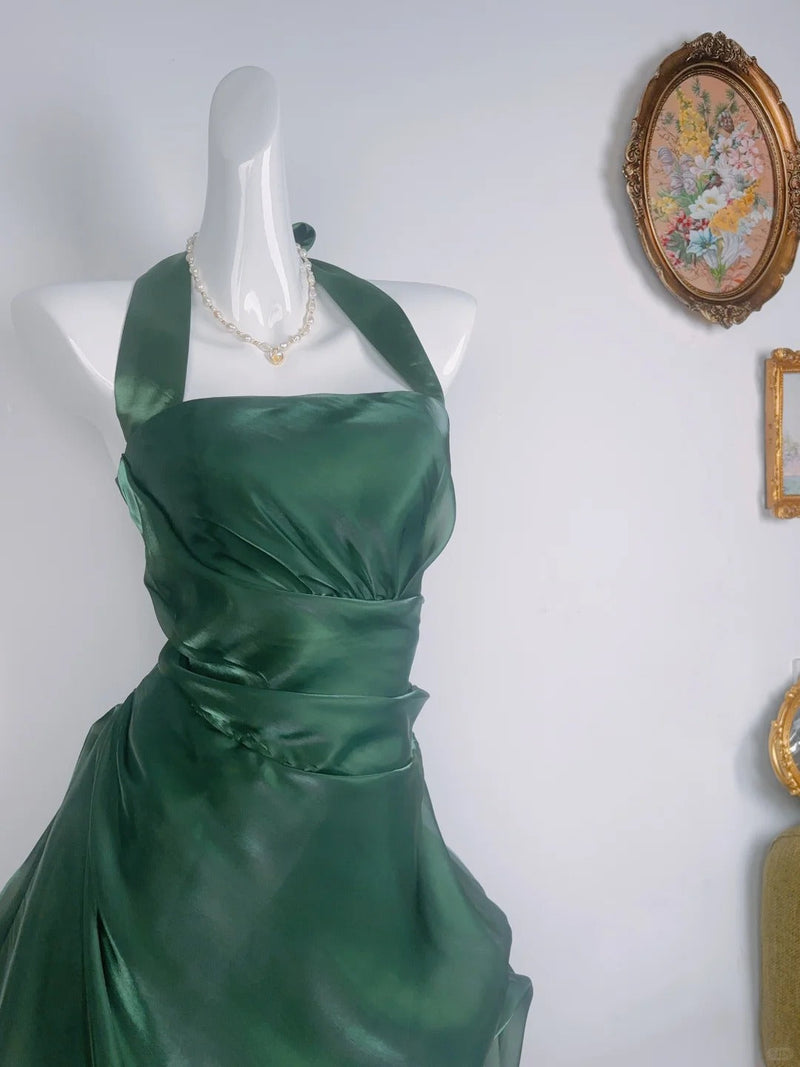 Vintage Dark Green Halter Neck Floral Mini Homecoming Dress