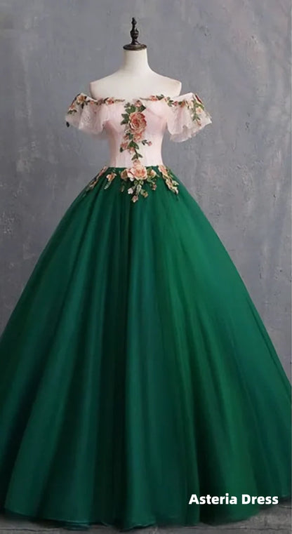 Vintage Dark Green Prom Dresses, Ball Gown Appliques Lace Off The Shoulder Short Sleeve Backless Floor Length Long Formal Dresses