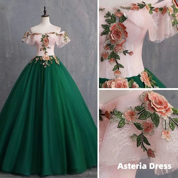 Vintage Dark Green Prom Dresses, Ball Gown Appliques Lace Off The Shoulder Short Sleeve Backless Floor Length Long Formal Dresses