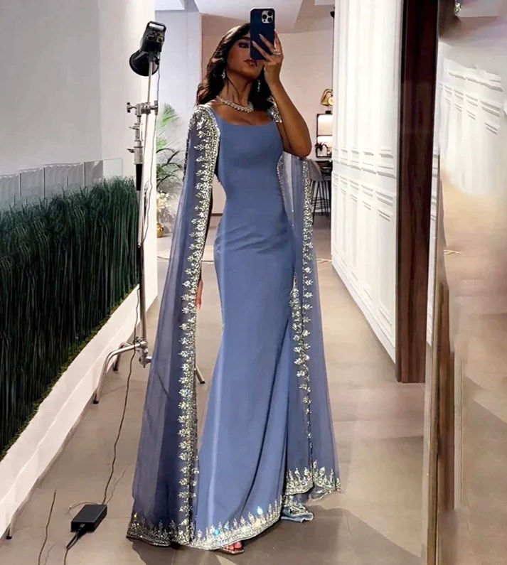 Vintage Dusty Blue Mermaid Evening Dress Applique Beaded Prom Dress Unique Cape Design Long Party Dress