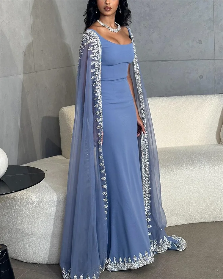 Vintage Dusty Blue Mermaid Evening Dress Applique Beaded Prom Dress Unique Cape Design Long Party Dress