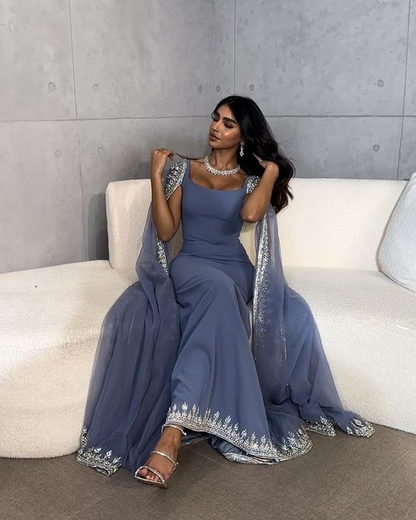 Vintage Dusty Blue Mermaid Evening Dress Applique Beaded Prom Dress Unique Cape Design Long Party Dress