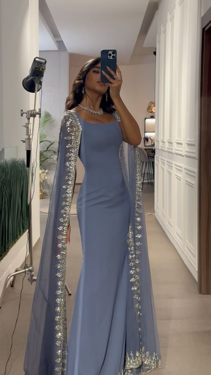 Vintage Dusty Blue Mermaid Evening Dress Applique Beaded Prom Dress Unique Cape Design Long Party Dress