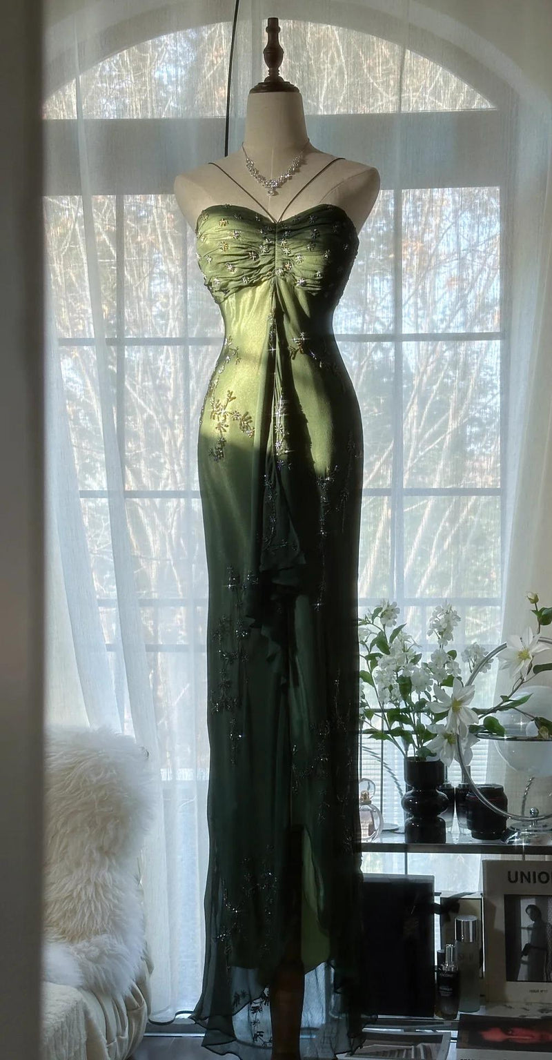 Vintage Forest Green Spaghetti Straps Long Prom Dresses Glitter Chiffon Beaded Elegant Party Dresses