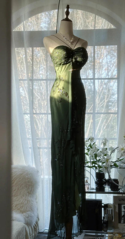 Vintage Forest Green Spaghetti Straps Long Prom Dresses Glitter Chiffon Beaded Elegant Party Dresses