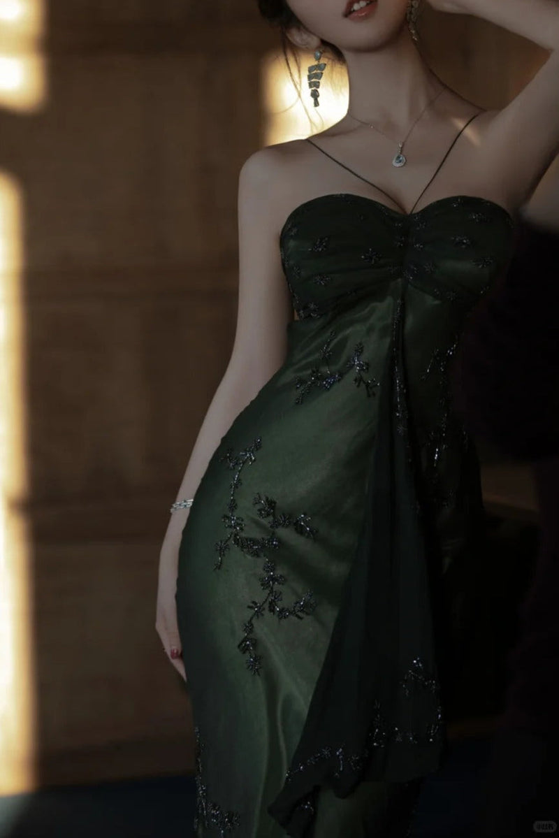 Vintage Forest Green Spaghetti Straps Long Prom Dresses Glitter Chiffon Beaded Elegant Party Dresses