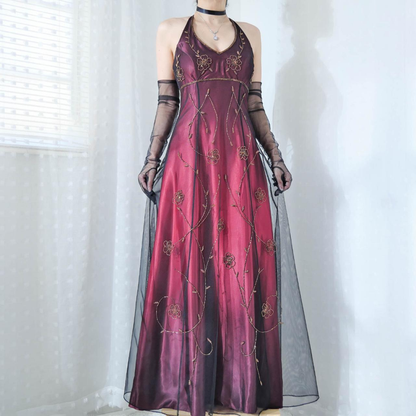 Vintage Fuchsia Halter-Neck A-Line Beaded Chiffon Long Prom Dress Evening Gown