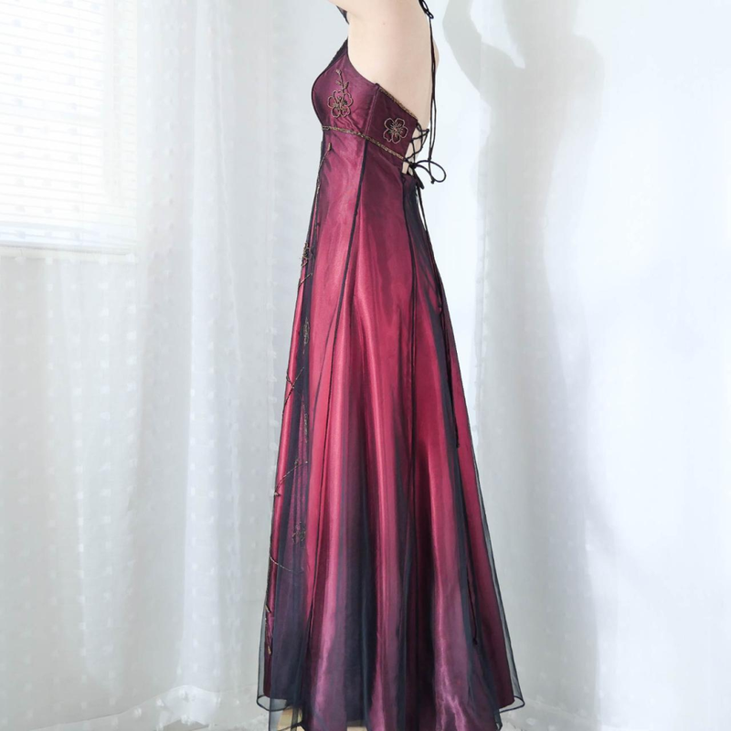Vintage Fuchsia Halter-Neck A-Line Beaded Chiffon Long Prom Dress Evening Gown