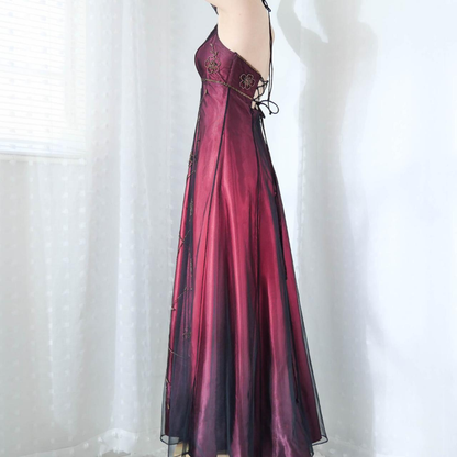 Vintage Fuchsia Halter-Neck A-Line Beaded Chiffon Long Prom Dress Evening Gown
