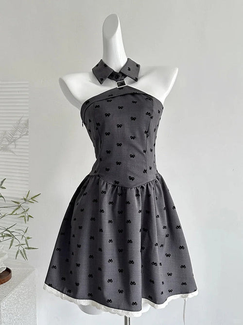 Vintage Grey Printed Lapel A-line Short 17th Birthday Homecoming Dress
