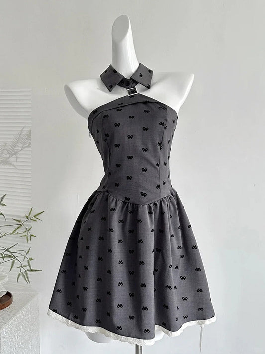 Vintage Grey Printed Lapel A-line Short 17th Birthday Homecoming Dress