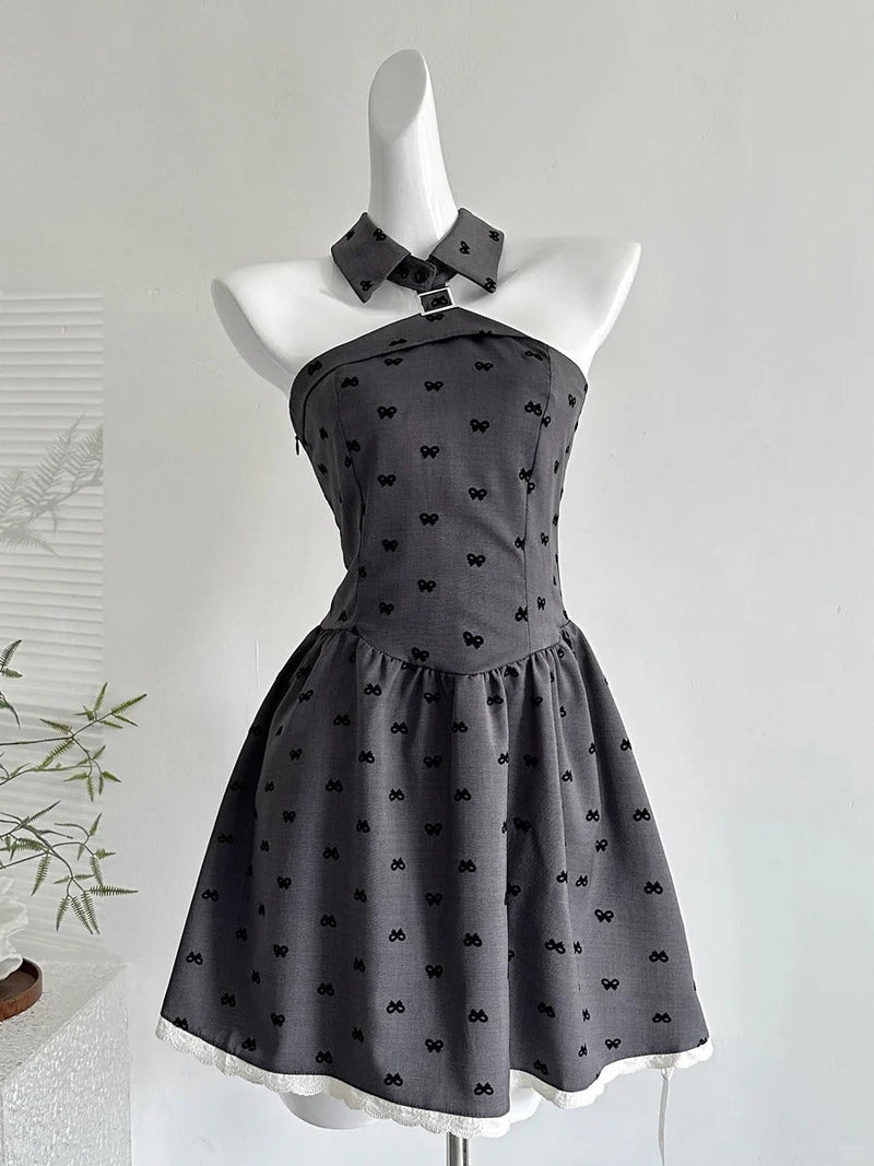 Vintage Grey Printed Lapel A-line Short 17th Birthday Homecoming Dress