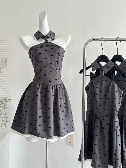 Vintage Grey Printed Lapel A-line Short 17th Birthday Homecoming Dress