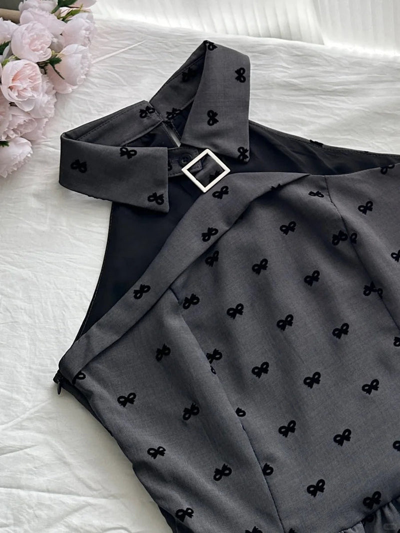 Vintage Grey Printed Lapel A-line Short 17th Birthday Homecoming Dress