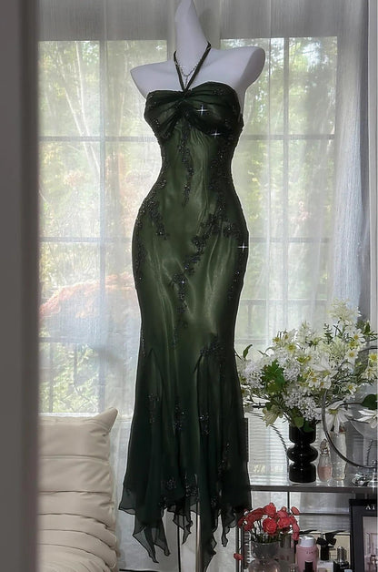 Vintage Halter Mermaid Long Prom Dresses Chiffon Beaded Dark Green Long Formal Dresses