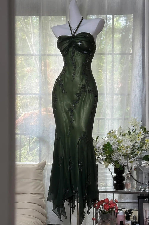 Vintage Halter Mermaid Long Prom Dresses Chiffon Beaded Dark Green Long Formal Dresses