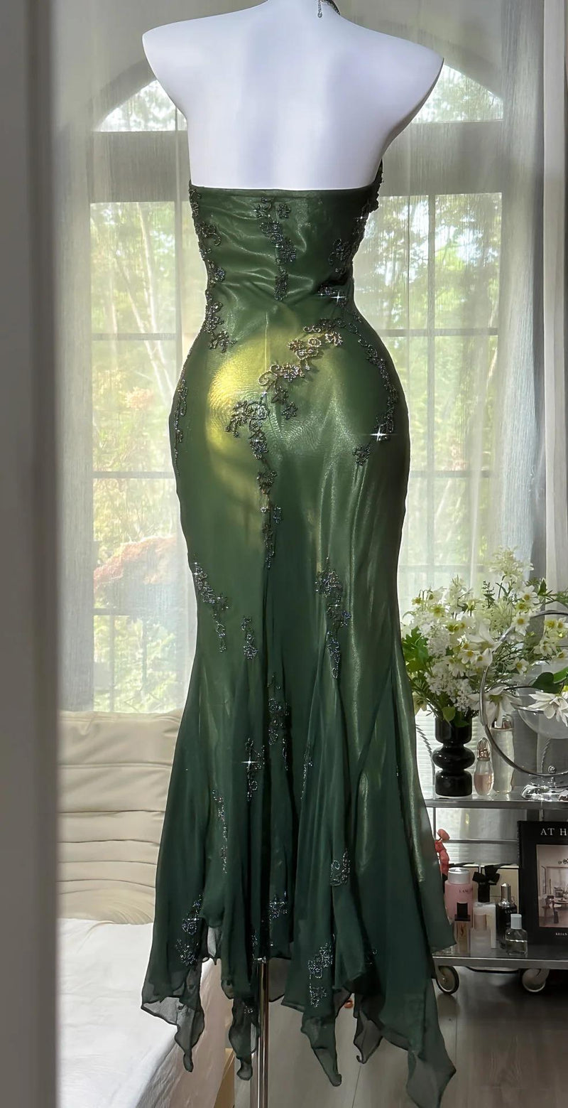 Vintage Halter Mermaid Long Prom Dresses Chiffon Beaded Dark Green Long Formal Dresses