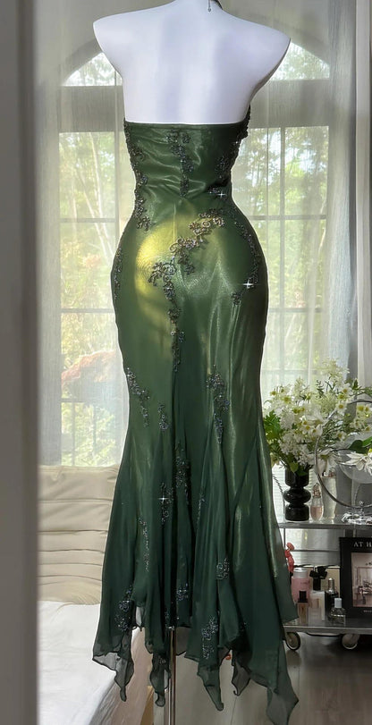 Vintage Halter Mermaid Long Prom Dresses Chiffon Beaded Dark Green Long Formal Dresses
