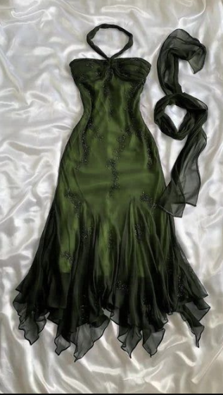 Vintage Halter Mermaid Long Prom Dresses Chiffon Beaded Dark Green Long Formal Dresses