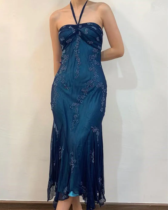 Vintage Halter Mermaid Long Prom Dresses Chiffon Beaded Dark Green Long Formal Dresses