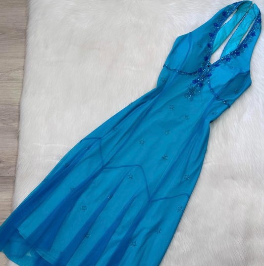 Vintage Halter Sheath Chiffon Beaded Short Prom Dresses, Blue Homecoming Dresses