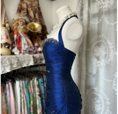Vintage Halter Sheath Long Prom Dresses Beaded Satin Blue Evening Dresses Sleeveless Birthday Dresses